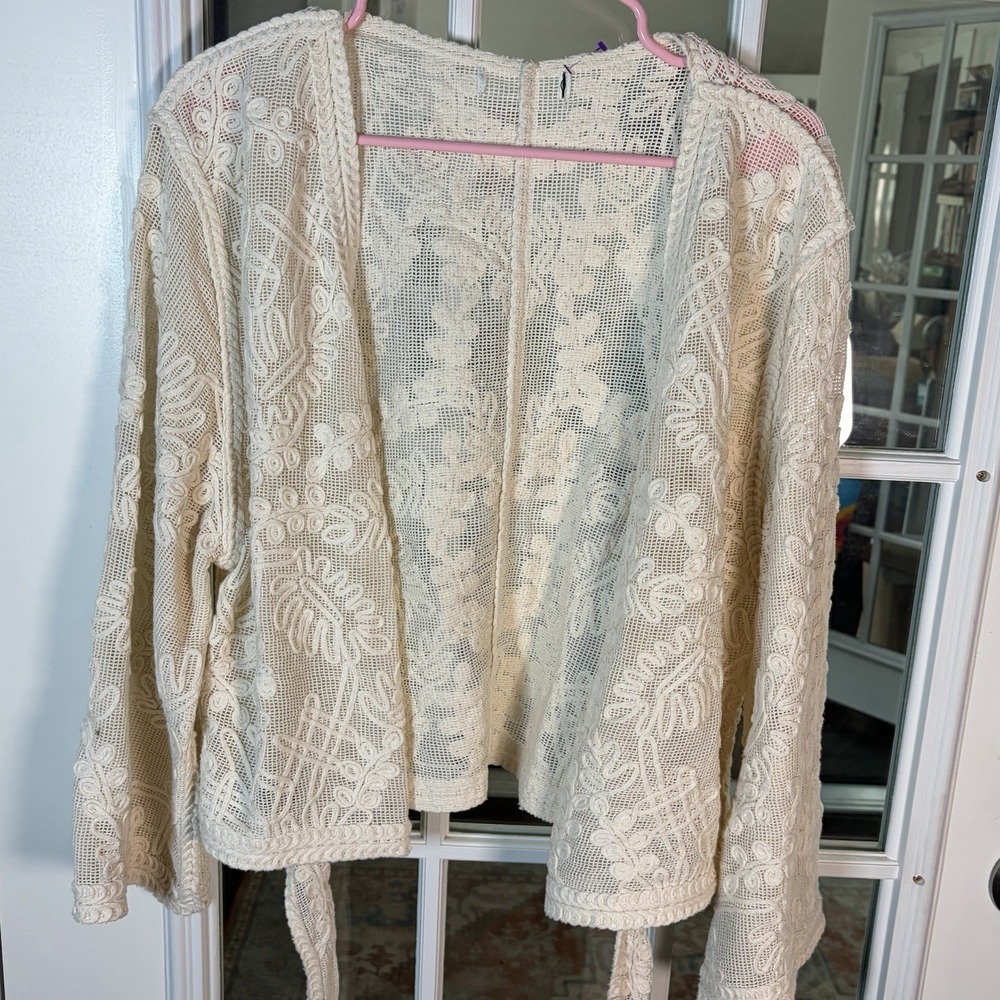 Cream Embroidered Lace Tie-Front Cardigan Boho Feminine Romantic Fairy